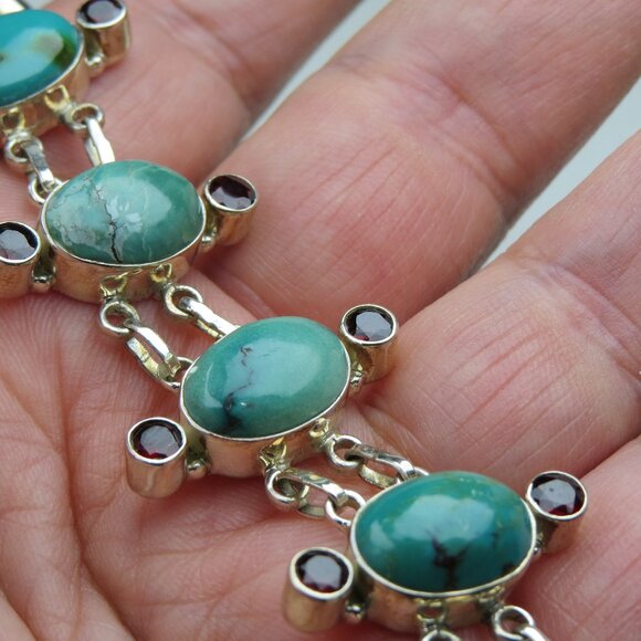 Sterling Silver Turquoise Garnet  Bracelet Hand Crafted - Picture 1 of 6